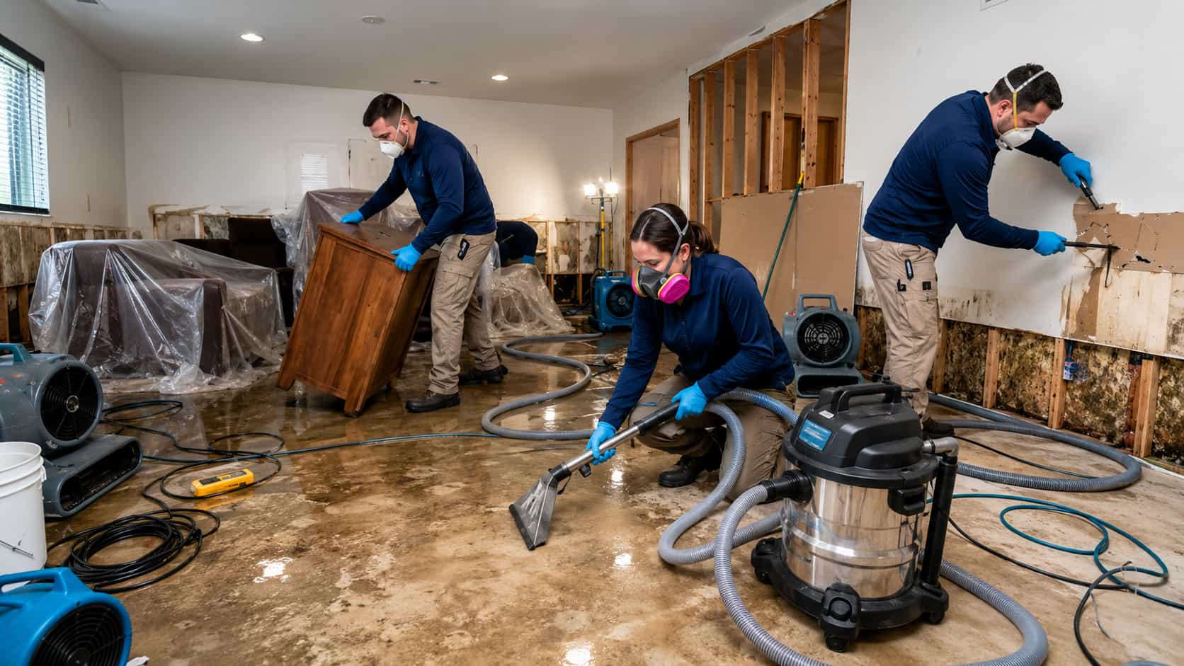 Bright home interior with a homeowner reviewing options during a water damage concern