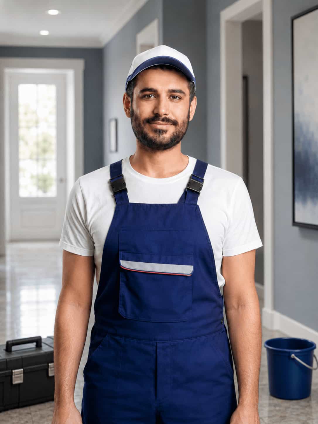 Homeowner calmly reviewing water damage support information in a bright home