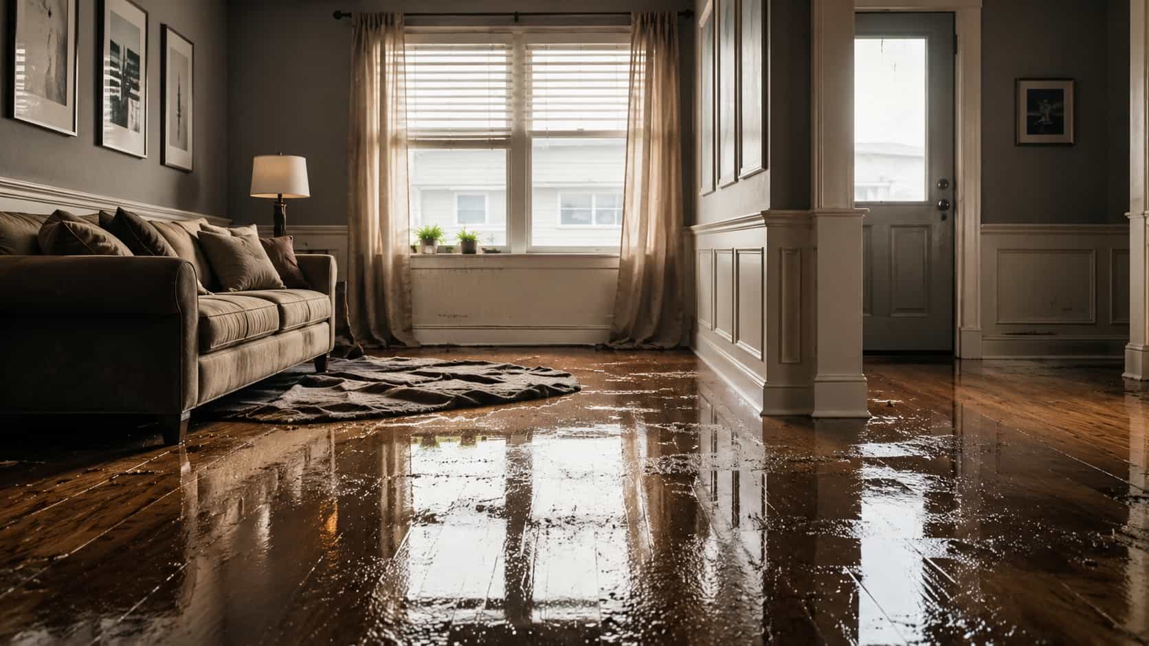 Calm residential room after an indoor flooding situation