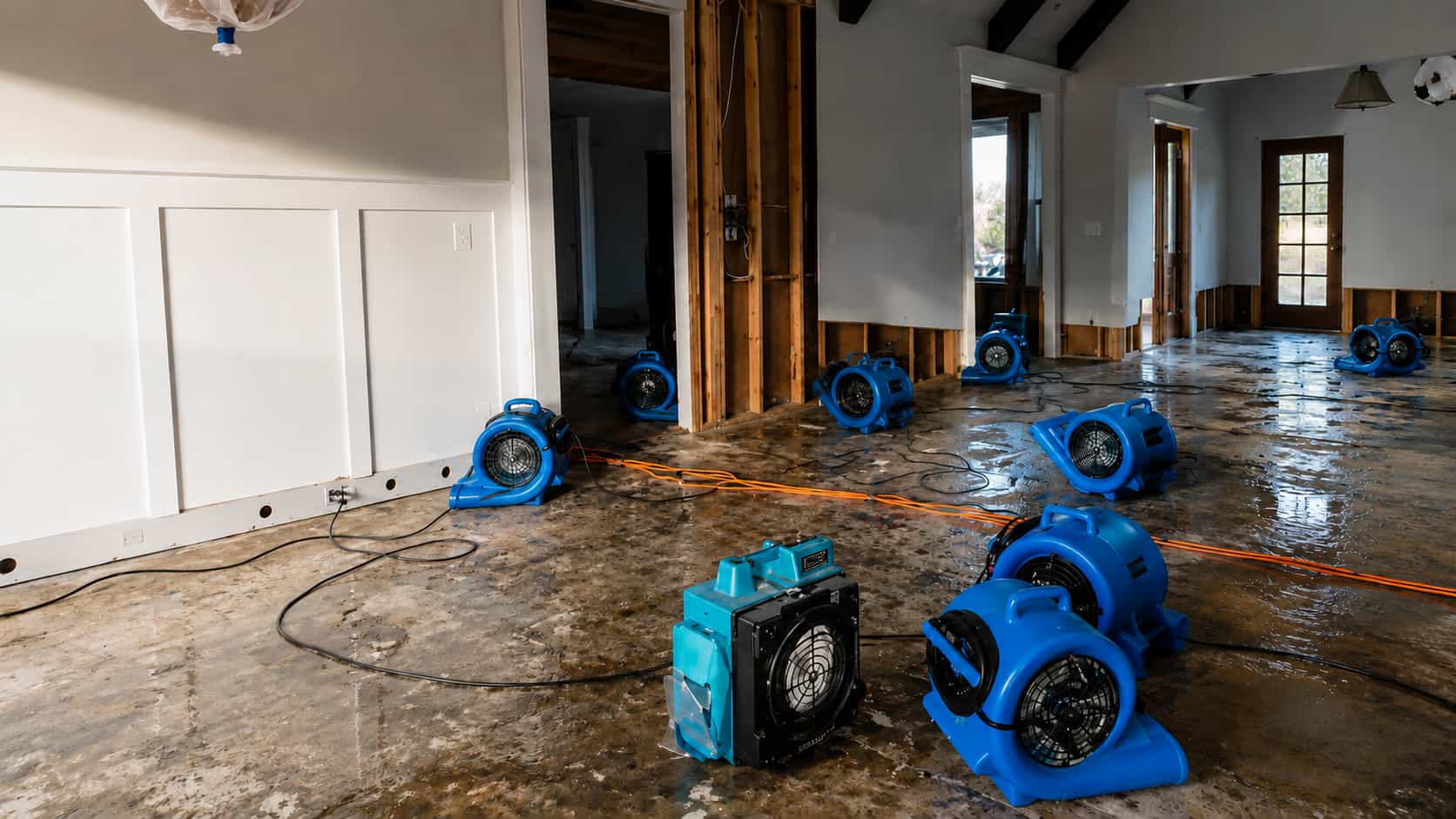 Clean residential drying equipment set up after a water issue
