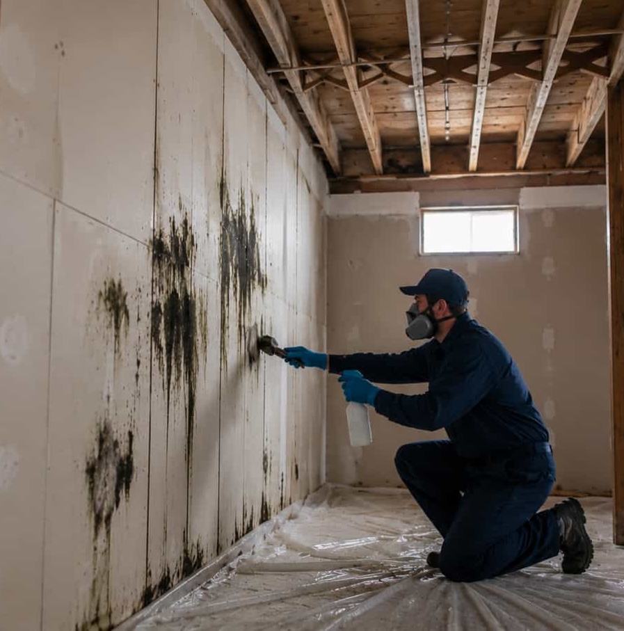 Water spreading across a clean residential floor near a localized leak