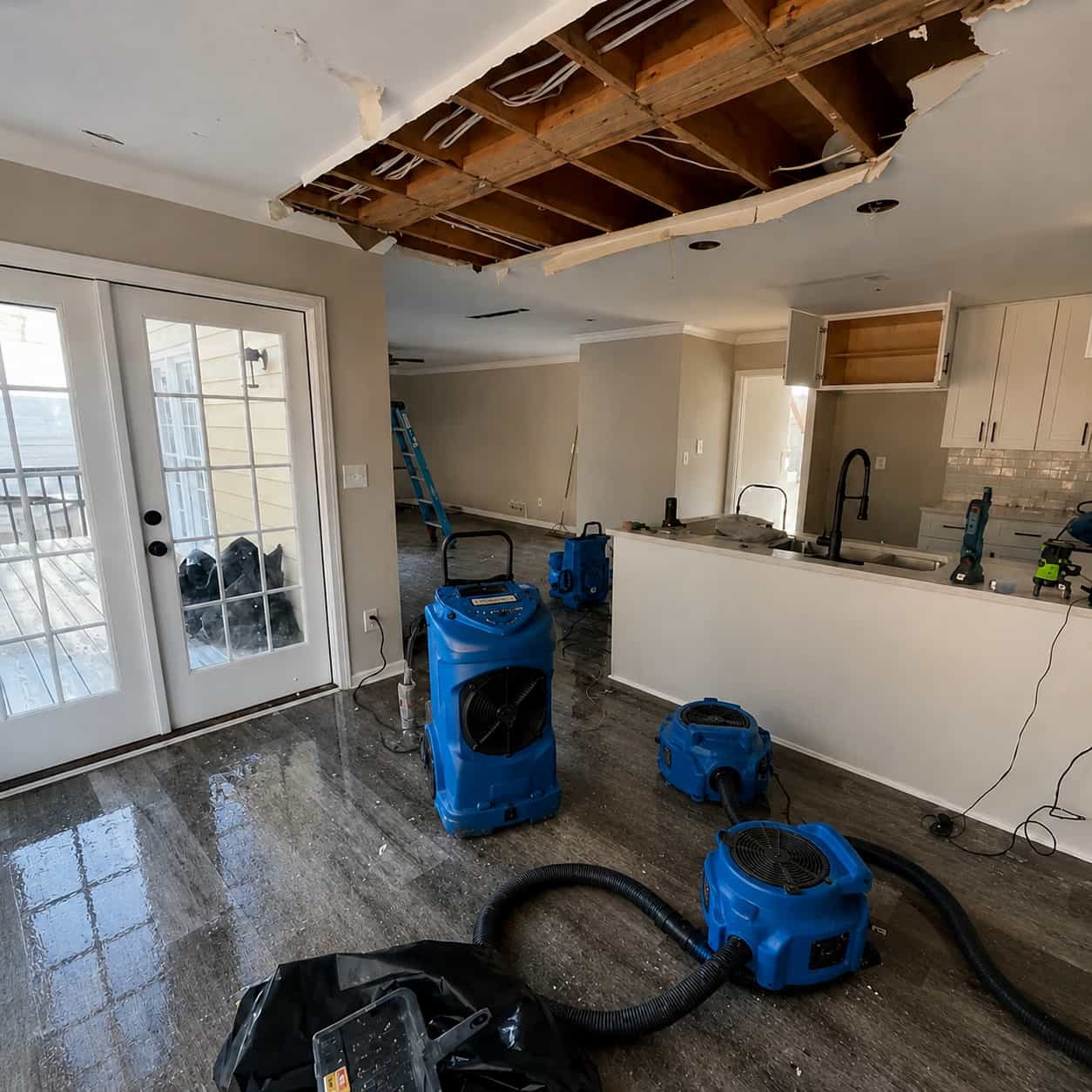 Localized water spreading near a clean residential floor